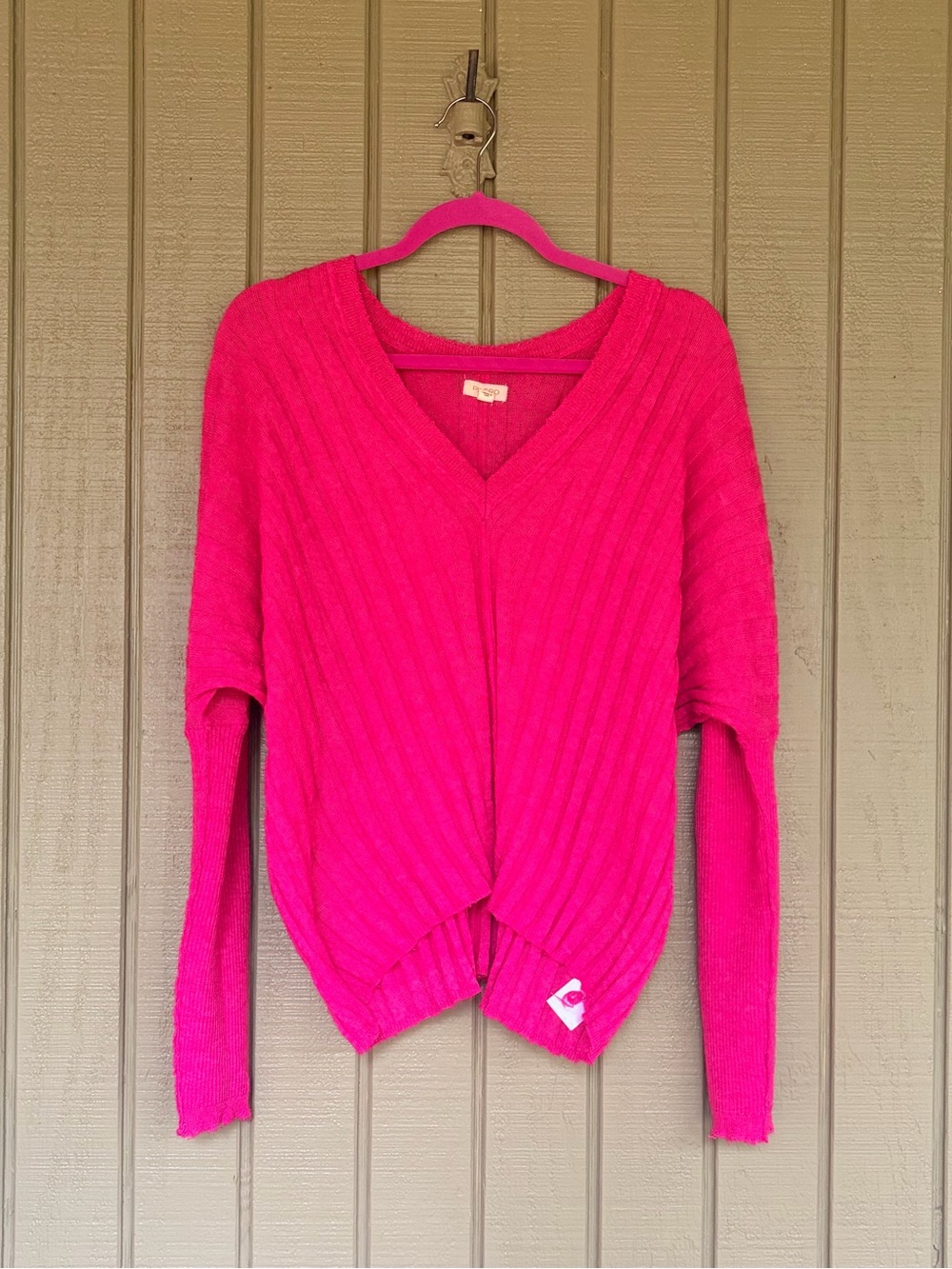Anthro Pilcro Fuchsia V-Neck Boxy Ribbed Wool Sweater L